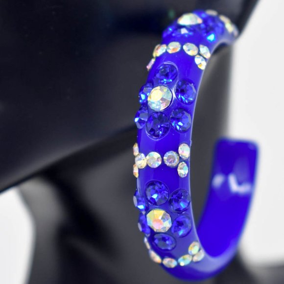 2" Flower Pattern Royal Lucite Rhinestone Earrings - Picture 3 of 12